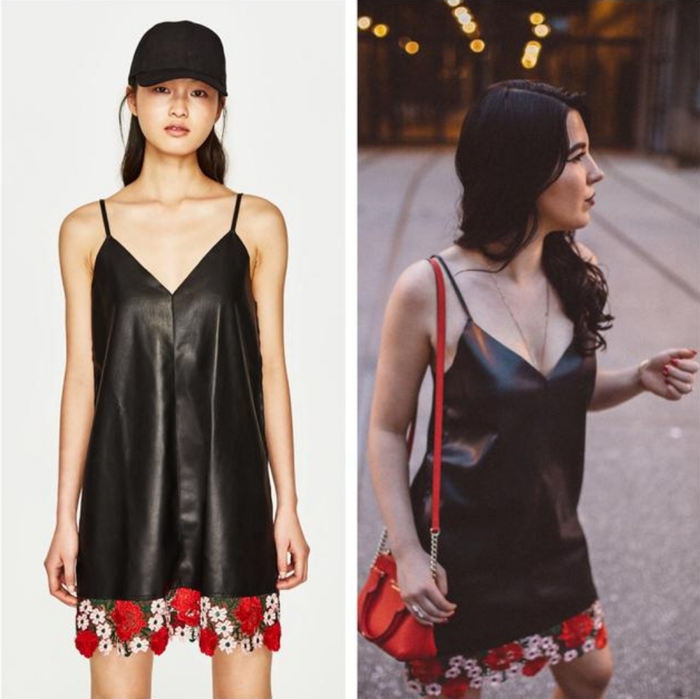 ZARA Faux Leather Floral Dress Size L